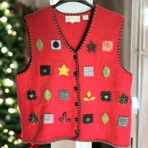 Marisa Christina 100% Pure Wool Vest Womens XL Red Autumn Patchwork Vintage